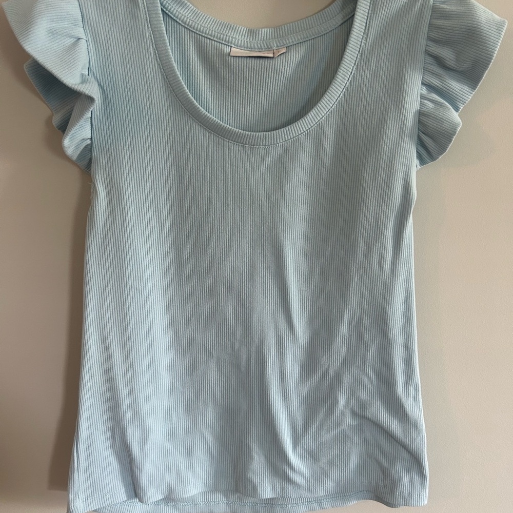 SO Sky Blue Ribbed ruffle sleeve Top